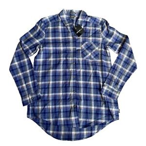 Eddie Bauer S Small Modern Fit Flannel Button Up Plaid Blue 100% Cotton Women